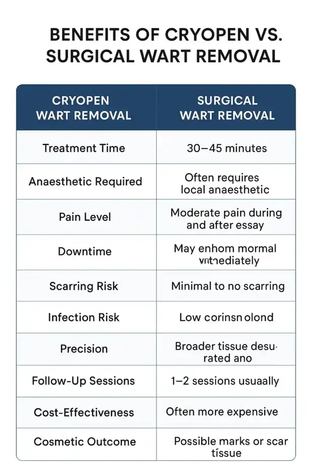 Table showing the benefits of cryopen to remove warts Hastings compared to surgical treatment